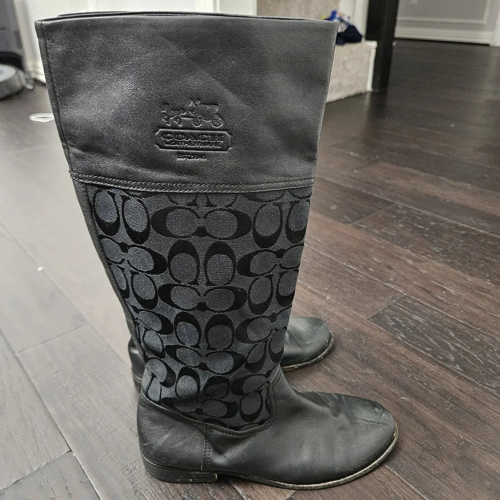 Coach Chrissi Signature black leather and fabric riding boots size 7.5 B - Picture 6 of 11